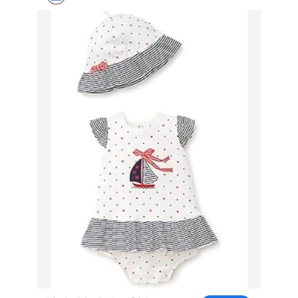 Little Me Navy & Red Nautical Sailboat Baby Dress Bodysuit with matching hat NWT